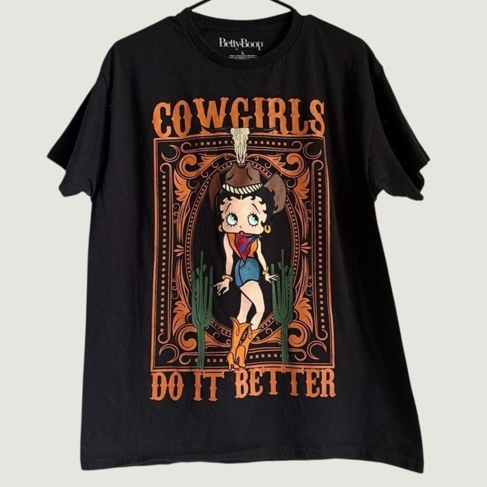 Betty Boop Graphic T-Shirt Black Cotton Short Sleeve Crewneck Top Women Large
